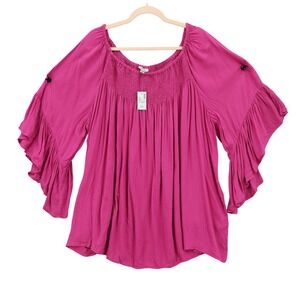 Avenue Womens Pink Smocked Square Neck Bell Sleeve Top Fairy Womens 30/32 NEW